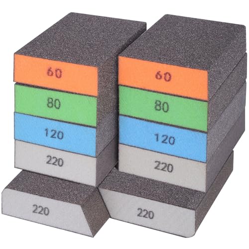 BOSHCRAFT 10 Pcs Sanding Sponge Set, 220 Grit: 4 Pcs, 60/80/100/120/180 Grit: 2 Pcs Each, Washable & Reusable Sanding Block for Wood Drywall Metal, Coarse to Superfine, 3.9" x 2.8" - size: 10 Pack-Mix