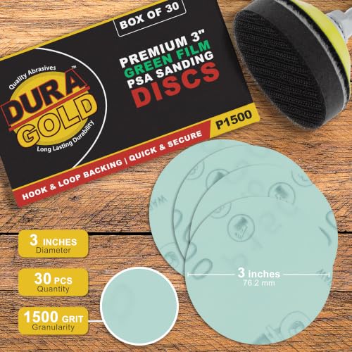 Dura-Gold Premium 3" Gold Hook & Loop Sanding Discs - 1500 Grit (Box of 30) - size: 1500-Grit