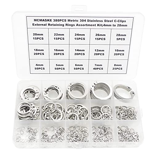 380PCS 4-28mm 304 SS External Retaining Rings Shaft C-Clips Kit
