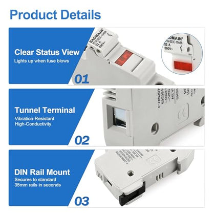 BAOMAIN 5-Pack 1P 690V DIN Rail Fuse Holder for 10x38mm Fuse,UL Recognized