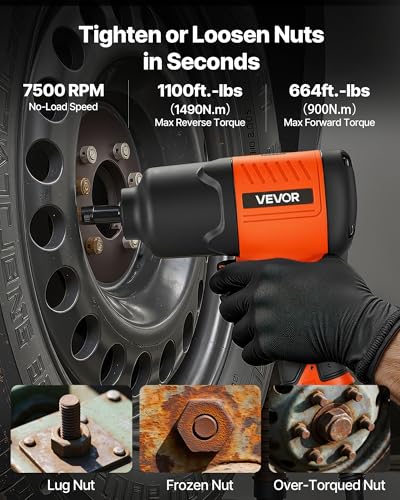 VEVOR Air Impact Wrench, 1/2" Drive Pneumatic Impact Wrench Up to 1100 ft-lbs Reverse Torque, 7500RPM 4-Speed Adjustable & Lightweight Pneumatic Gun for Auto Repairs and Maintenance - size: 7.9 × 5.9 × 2.8 in, style: 1/2" 1100 ft-lbs