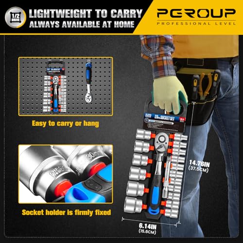 20 PCS 1/2" Drive Metric Socket Wrench Set,90-Tooth Reversible Ratchet Handle，6 Point Shallow Sockets (8-32mm) and Extension Bar 5", CR-V Steel, Car Repair Set - size: 20P 1/2 inch(8-32mm)