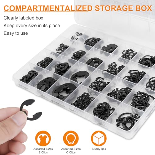 352Pcs Retaining Ring Kit with E-Clips(2.0mm-15mm) & C-Clips(M5-M16) Black - size: Carbon Steel-352PCS