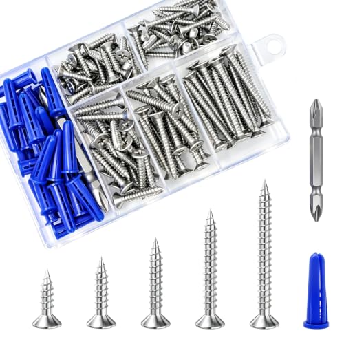 Wensilon (135Pcs) 304 Stainless Steel Wood Screw Quick Metal Self Tapping Flat Head with Drywall Plastic Anchors kit - color: Silver, size: 135pcs screws kit