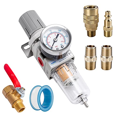 NANPU 1/4" NPT Air Compressor Filter, Regulator Combo w/Gauge, Ball Valve - size: 1/4" NPT w/ Ball Valve, style: Semi-Auto Drain, Metal Coupler&Plug