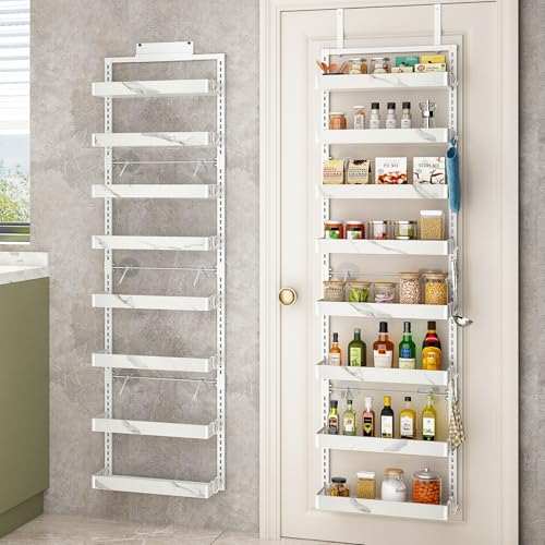 BUKFEN Over the Door Pantry Organizer, 2-IN-1 Door & Wall Mount Spice Rack - color: White pole marble color, size: 8 Tier