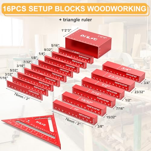 Setup Blocks Woodworking, Setup Blocks Height Gauge Set, 16 PCS Setup Blocks with Set Up Blocks for Woodworking, Case, Square Ruler, Aluminum Setup Bars for Router and Table Saw Accessories