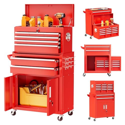 Bonusall 8 Drawer Rolling Tool Chest and Cabinet Combo,Heavy-Duty Metal Garage Tool Chest with Wheels and 2 Doors,2-in-1 Top Box and Roller Cabinet Combo for Garage, Workshop, Warehouse-Red - color: Red