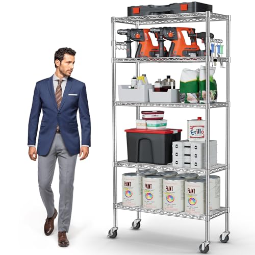 YNN Storage Shelves,1750Lbs 5 Tier Heavy Duty Metal Rolling Shelving Unit with Wheels & 8 Hooks, Adjustable Garage Wire Rack for Kitchen, Bathroom,Industrial,Pantry(36" W x 14" D x 72" H, Chrome) - size: 36"x14"x72" 5-Tier