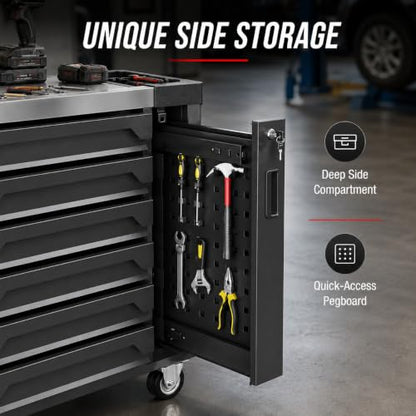 7-Drawer Rolling Tool Chest, Tool Box Lockable Metal Tool Cabinet with Side Storage Cabinet, Ball Bearing Slides Steel Organizer,Heavy-Duty Powder-Coated Tool Cart for Garage Workshope, Black