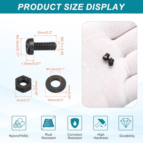 MECCANIXITY 30 Set M2.5x5mm Nylon PA66 Plastic Cross Round Head Screw Phillips Bolts Hex Nuts Flat Washers Assortment Kit, Metric Full Thread Bolt Fasteners for DIY Machine Assembly, Black - color: Black, size: M2.5x5mm
