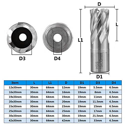 Shank HSS Annular Drill Bit 12-42x30mm TiN Coated Hollow Drill Bit for Metal Cutting Weldon Shank Core Drill Bit (19x30mm) - size: 19x30mm