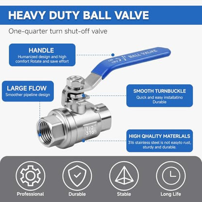 1/2" Full Port Ball Valve 316SS, NPT, 4-Pack - size: 1/2 inch (4 Pack)