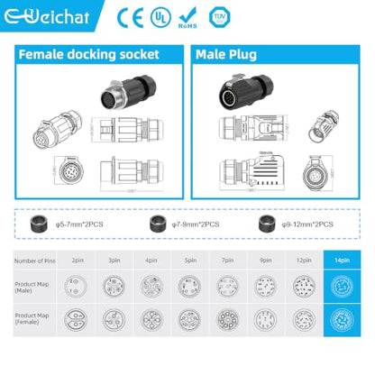 LP20 14PIN Industrial Waterproof Connector IP68 Quickly Plugging Aviation Connector Solder-Assembly M22 14PIN Circular Connector Fast Release Electrical Connector Male Plug&Female Socket - size: 14 Pin, style: Male Plug / Female Socket