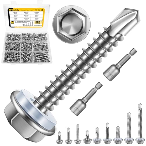 Mywish 410 Stainless Steel Self Tapping Screws for Metal, 385 Pieces #8#10#12 Hex Head Self Drilling Screws Assortment Kit, Length 1/2" to 2", High Strength Sheet Metal Screws - color: Silver, size: #8 #10 #12 Hex Head 385Pcs