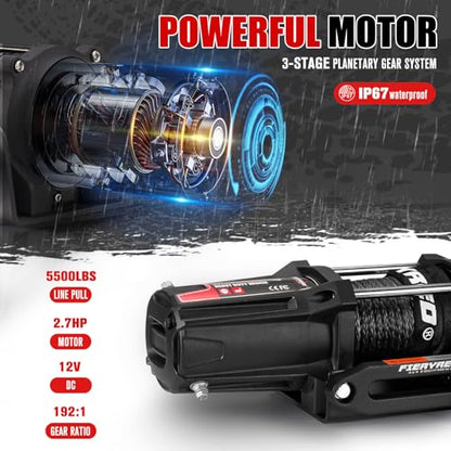 FieryRed ATV/UTV Winch 12V 5500 lb Electric Winch with Synthetic Rope, with Wireless Remote Control Hawse Aluminium Fairlead & Mounting Bracket, Waterproof IP67 - color: Black-Synthetic Rope, size: 5500LBS