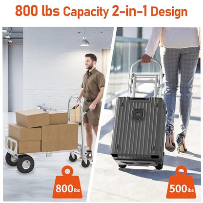 800 LBS Dolly Cart with Wheels, 2 in 1 Folding Hand Truck, Stainless Steel Heavy Duty Industrial Convertible Hand Cart, Utility Collapsible Hand Truck Dolly for Warehouse, Home, Office, Etc - color: Silver-1