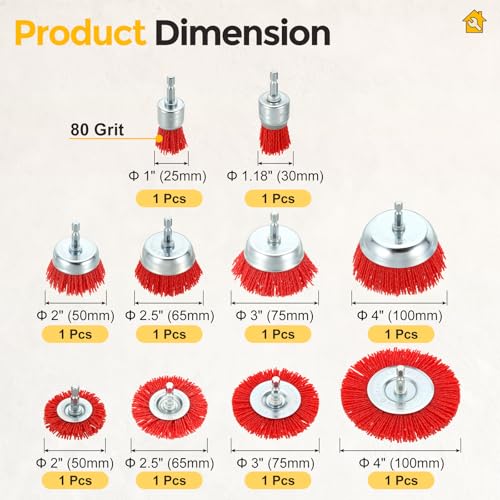 10pcs Wire Brush for Drill Kit, 1/4in Shank, Nylon, 80 Grit, 1-4in