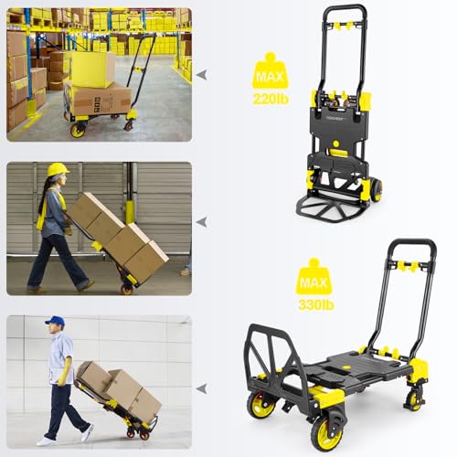 Folding Hand Truck Dolly, 330lb Convertible 4 to 2 Wheel Moving Cart,Yellow - size: 330LB Yellow