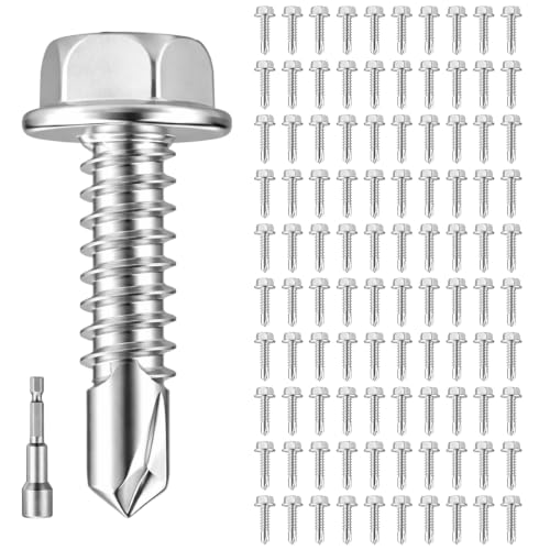 Zonon 100 Pcs #14 x 1 Self Tapping Screws, 410 Stainless Hex Washer Head - color: Silver, size: #14 x 1