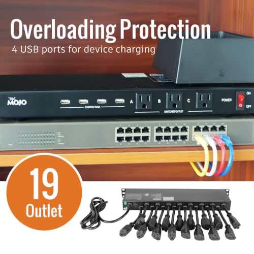 Tecmojo 1U Rack Mount 19 Outlet PDU Power Distribution Unit Circuit Breaker fits 19-inch AV/Network/Server Cabinet/Closet/Enclosure(SKU# 13111901) - size: 19 Outlets/12A/USB+Overloading Protection