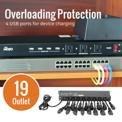 Tecmojo 1U Rack Mount 19 Outlet PDU Power Distribution Unit Circuit Breaker fits 19-inch AV/Network/Server Cabinet/Closet/Enclosure(SKU# 13111901) - size: 19 Outlets/12A/USB+Overloading Protection