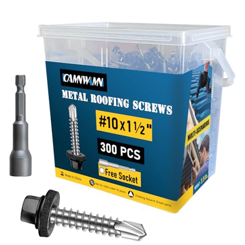 300Pcs #10 x 1-1/2 Inch Metal Roofing Screws, Black Hex Head Drill Point Sheet Metal Roof Screw with Rubber Washer, EPDM Washer, with Hex Drive Bit. - color: Black, size: #10 x 1-1/2 Inch