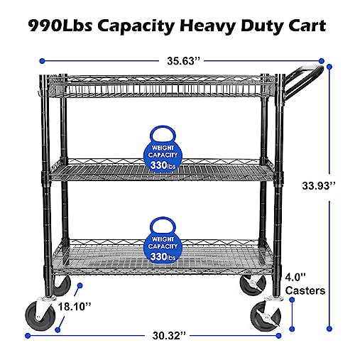 WDT 990Lbs Capacity Heavy Duty Rolling Utility Cart, NSF Rolling Carts with Wheels,Commercial Grade Metal Cart with Handle Bar & Shelf Liner,Trolley Serving Cart for Restaurant,Kitchen,Black - color: Black-3 Tier