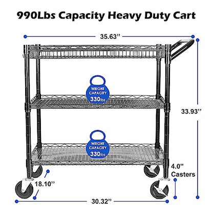 WDT 990Lbs Capacity Heavy Duty Rolling Utility Cart, NSF Rolling Carts with Wheels,Commercial Grade Metal Cart with Handle Bar & Shelf Liner,Trolley Serving Cart for Restaurant,Kitchen,Black - color: Black-3 Tier
