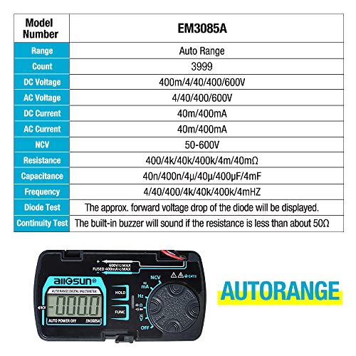 allsun Auto Ranging Pocket Digital Multimeter, AC/DC Voltage NCV Ohm Tester