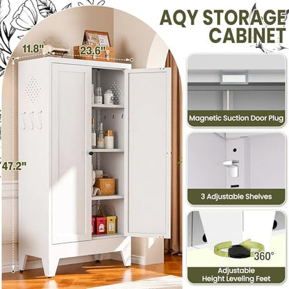 AQY Metal Pantry Cabinet, White Kitchen Storage Cabinet with Doors - color: White, style: H47" - 2 Doors Hooks & Vents
