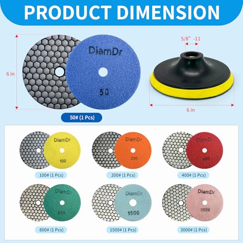 Dry Diamond Polishing Pads,6 Inch Polishing Pads Set of 8 Pieces Plus - size: 6 inch-50-6000