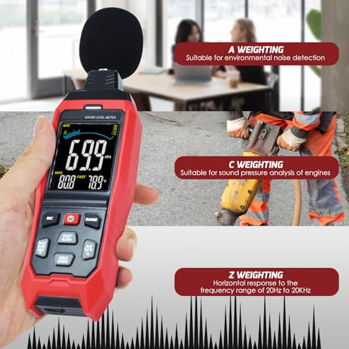 Sound Level Meter Data Logger Decibel Meter with Record Function, Portable Noise Meter 30~130dB Sound Meter A/C/Z Weighting Noise Testing with Audible Visual&Alarm, Temperatue, Analog Bar Indicator
