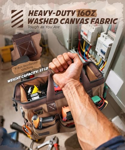 ARCFOX 14 Inch Portable Electrician Tool Bag 21 Pockets - Heavy Duty 16OZ Canvas Tool Bags Organizer with Wide Mouth & Adjustable Shoulder Strap for HVAC, Mechanics, Maintenance, UTV-Effortless Carry