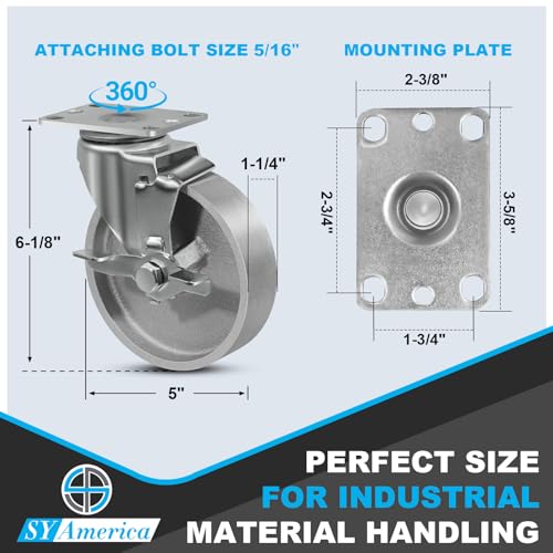 SY America 5" Heavy Duty Casters Set of 4,Cast Iron Semi-Steel Caster Wheels,Metal Industrial Casters,2000 LB Capacity-2 Brake & 2 Swivel - style: 5" Wheel