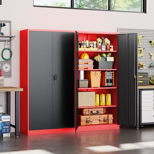 Yizosh Metal Garage Storage Cabinet with Lock Doors and 4 Shelves,-72" Steel Heavy Duty Tool Cabinet for Garage, Office,School (Red Black) - color: Red Black, size: 18"D x 36"W x 72"H