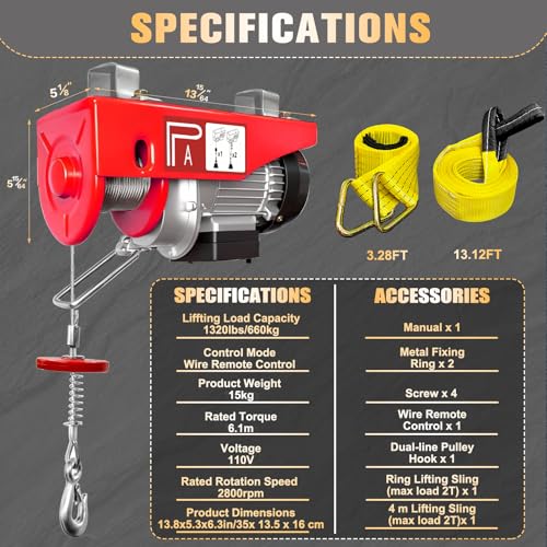 Electric Hoist, 1320 lbs Electric Winch with 328 ft Wireless & 13ft Wired Remote Control, Single/Double Slings, 40 ft Single Cable Lifting Height, Lift Hoist for Garage, Warehouses, Attic - style: 1320lbs Wireless/Wired