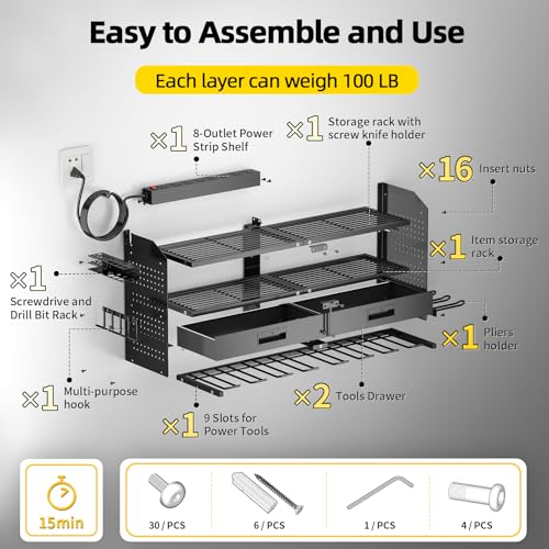 Power Tool Organizer Wall Mount with Charging Station & Drawers - size: Large