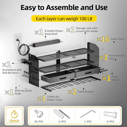 Power Tool Organizer Wall Mount with Charging Station & Drawers - size: Large