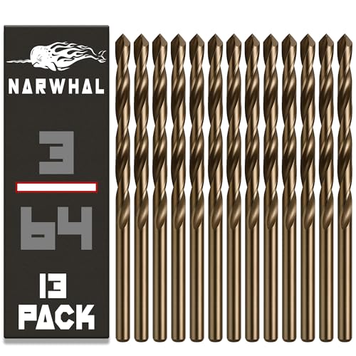 Narwhal 3/64 Inch Cobalt Drill Bits (13 Pack - Industrial Grade M35 Cobalt) 1-1/2" Length & 135 Degree Split Point for Drilling Into Metal, Hardened & Stainless Steel, Cast Iron, & More! - size: 3/64 in