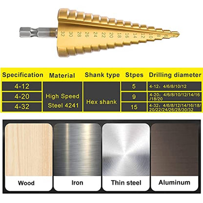 3 Pcs Straight Grooved Step Drill Bit Set,Step Drill Bits Set