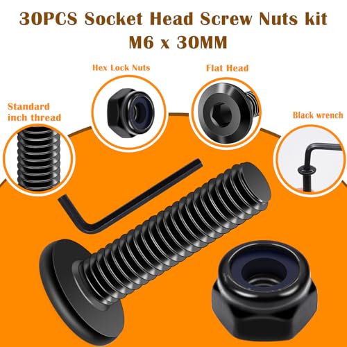 weideer 30pcs M6 x 30mm Nuts and Bolts Kit, Stainless Steel 18-8 (304) Flat Head Hex Socket Cap Furniture Bolts,Nylon Insert Hex Lock Nuts with Hex Spanner K-182 30pcs - size: M6x30mm, style: Flat Head Hex