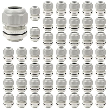 LeMotech 50 Pack NPT 1/2" Cable Glands Waterproof Adjustable 6-12mm Cable Connectors Grey Nylon Joints with Gaskets - color: Grey, size: 1/2inch 50-pack
