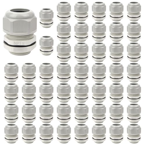 LeMotech 50 Pack NPT 1/2" Cable Glands Waterproof Adjustable 6-12mm Cable Connectors Grey Nylon Joints with Gaskets - color: Grey, size: 1/2inch 50-pack