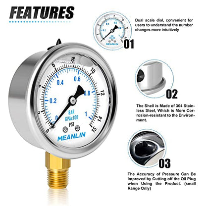 MEANLIN MEASURE 0~15Psi Stainless Steel 1/4" NPT 2.5" FACE DIAL Liquid Filled Pressure Gauge WOG Water Oil Air Lower Mount (Pack of 2), with 1/2" NPT and 3/8" NPT Hex Bushing - size: 0-15Psi (2Pcs)