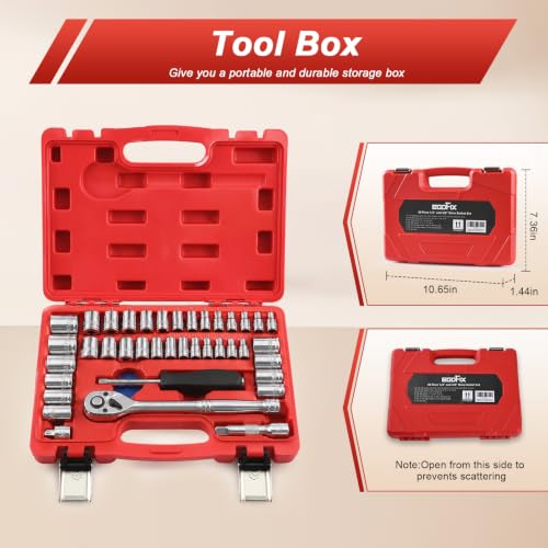 Egofine 40 Pieces 1/4 & 3/8 inch Drive Socket Ratchet Wrench Set, Metric/SAE Size, with Extension Bar, Adapter, Spinner Handle and Spin Disk for Auto Repairing and Household, with Storage Box - color: Red, size: 3/8" & 1/4" 40PCS with 72 Teeth Ratchet