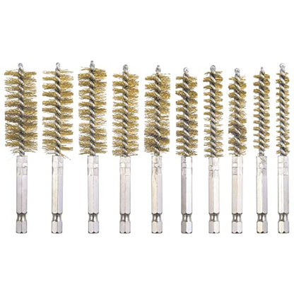 10 Pack Bore Brush for Drill, Brass Bore Brush Drill, Stainless Steel Bore Cleaning Brush Set 1/4 Inch Hex Shank for Power Drill Impact Driver