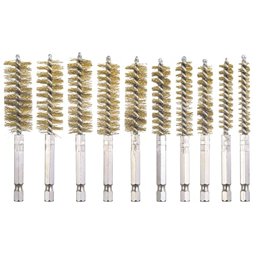 10 Pack Bore Brush for Drill, Brass Bore Brush Drill, Stainless Steel Bore Cleaning Brush Set 1/4 Inch Hex Shank for Power Drill Impact Driver