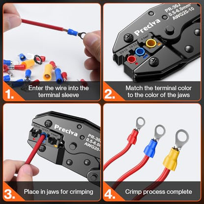 Preciva Crimping Tool for Insulated Terminals Wire Connectors, AWG20-10 Ratchet Crimper with 425 Pcs Insulated Terminals Connectors