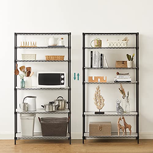 SONGMICS 6-Tier Storage Shelves, Adjustable Wire Shelving Unit, 8 Hooks - color: Ink Black, size: 6 Tiers (13.8"D x 35.4"W)